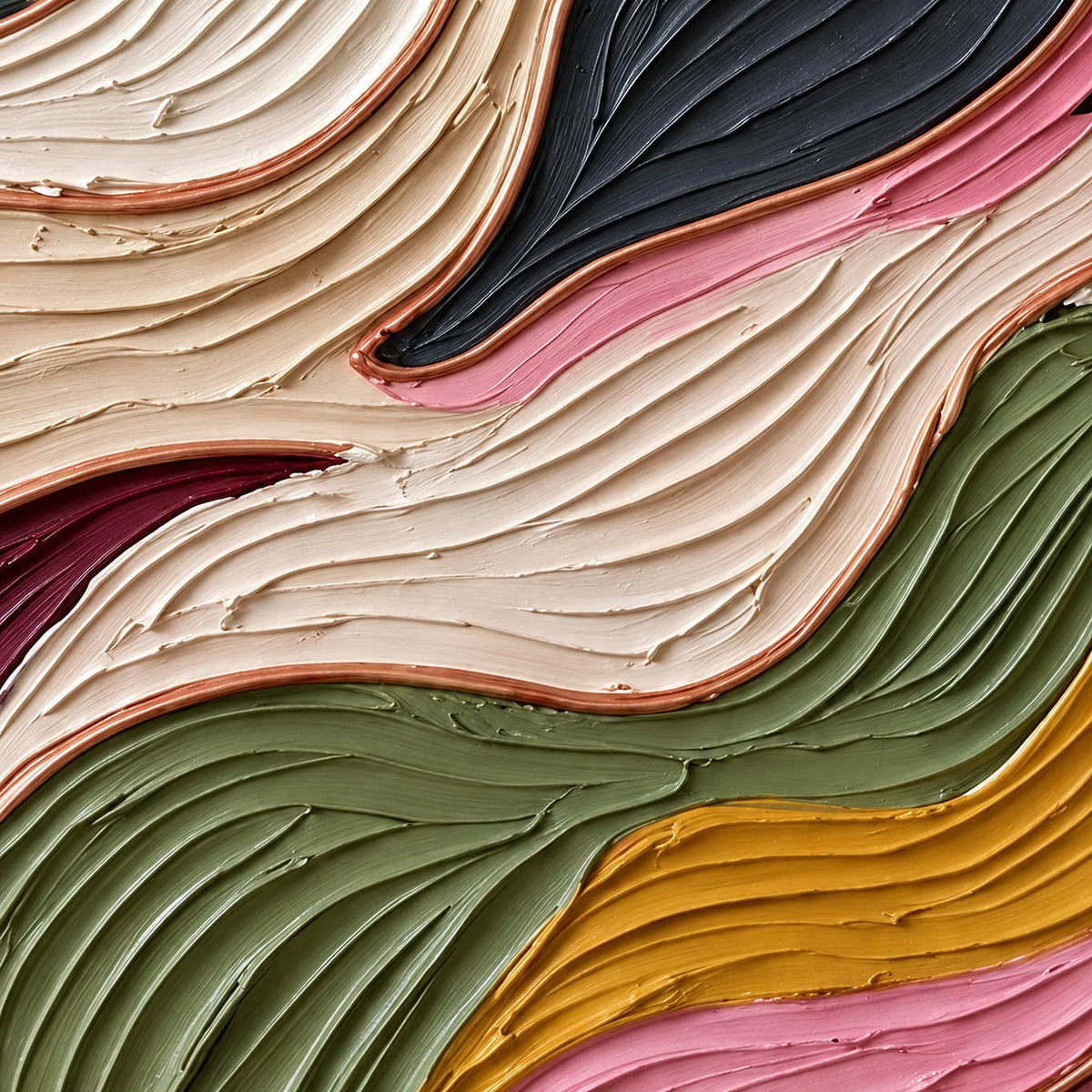 Close-up of Love in Motion showing layered cream, pink, charcoal, olive and mustard ridges curving alongside one another.