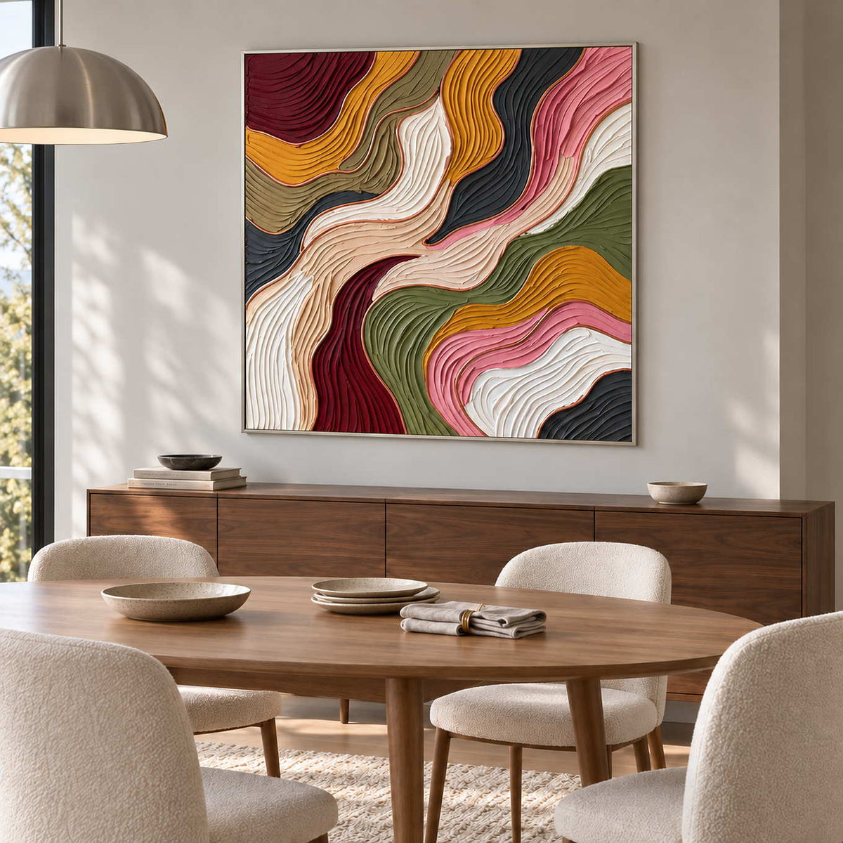 Love in Motion in a silver frame above a dark wood sideboard beside an oval dining table and cream chairs.