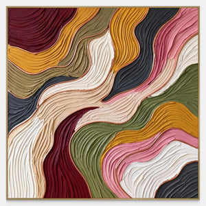 Front view of Love in Motion, with grooved burgundy, mustard, olive, pink, cream and charcoal bands flowing across a square composition.