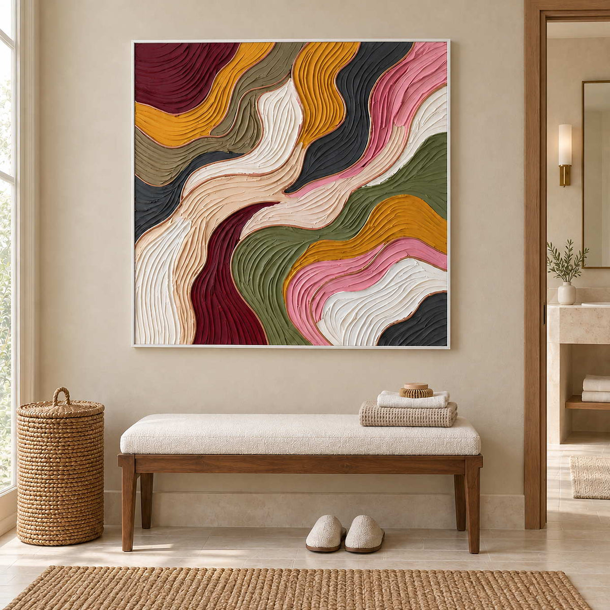 Love in Motion in a white frame above a cream bench with folded towels beside a bathroom vanity.
