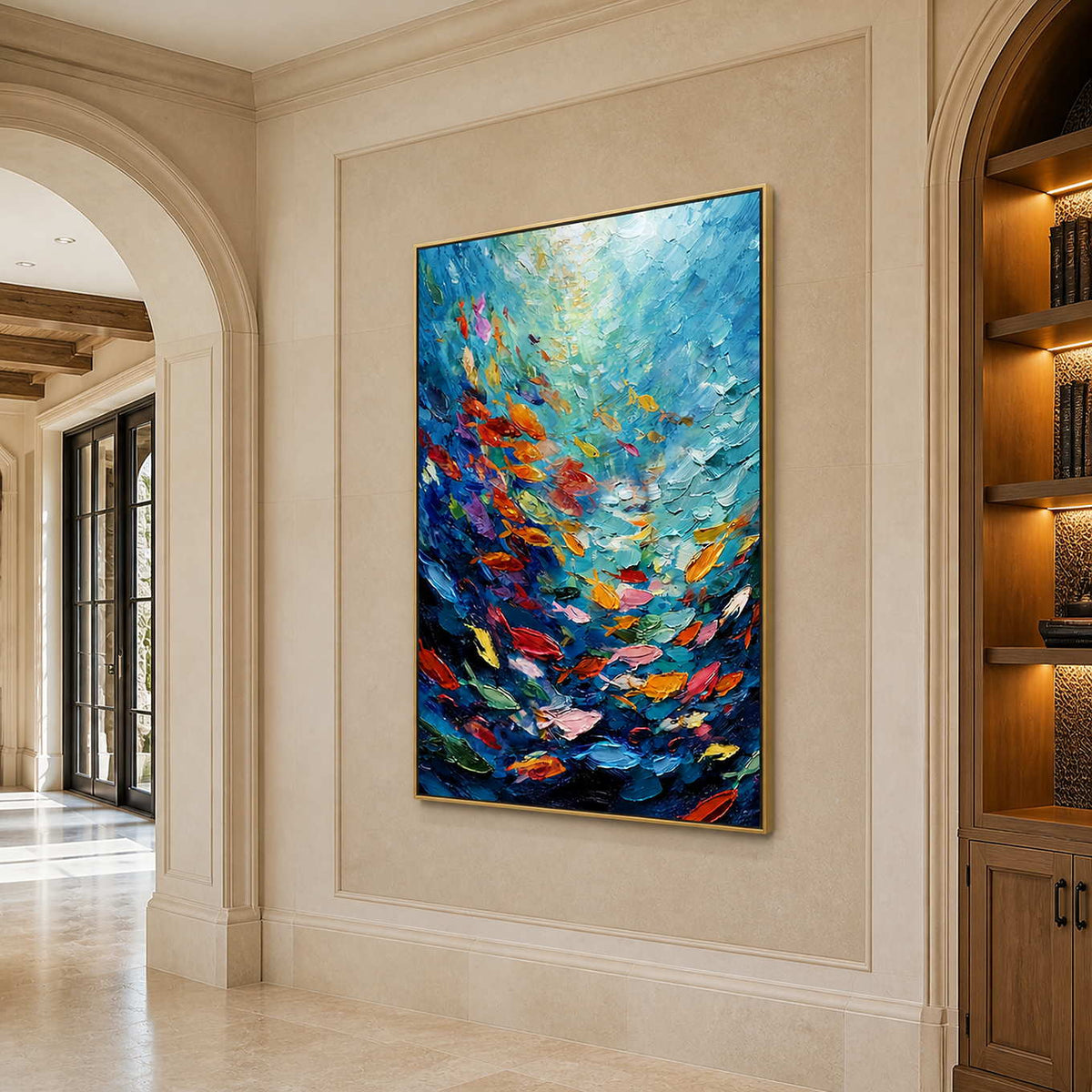 Gold framed fish painting beside built in bookshelves along a limestone hallway with arched openings.