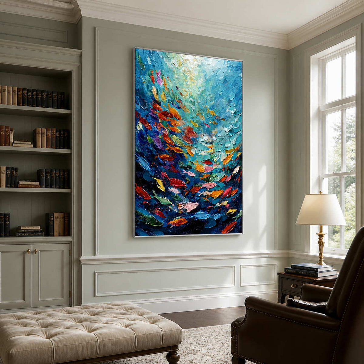Silver framed colorful fish artwork beside bookshelves and a leather chair in a sage study.