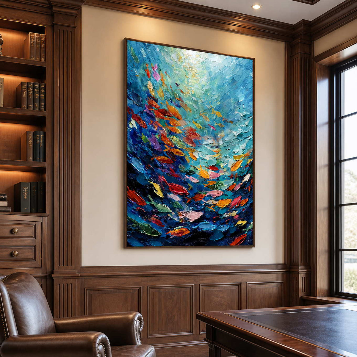 Wood framed colorful fish artwork above walnut wall paneling beside a private reading desk.