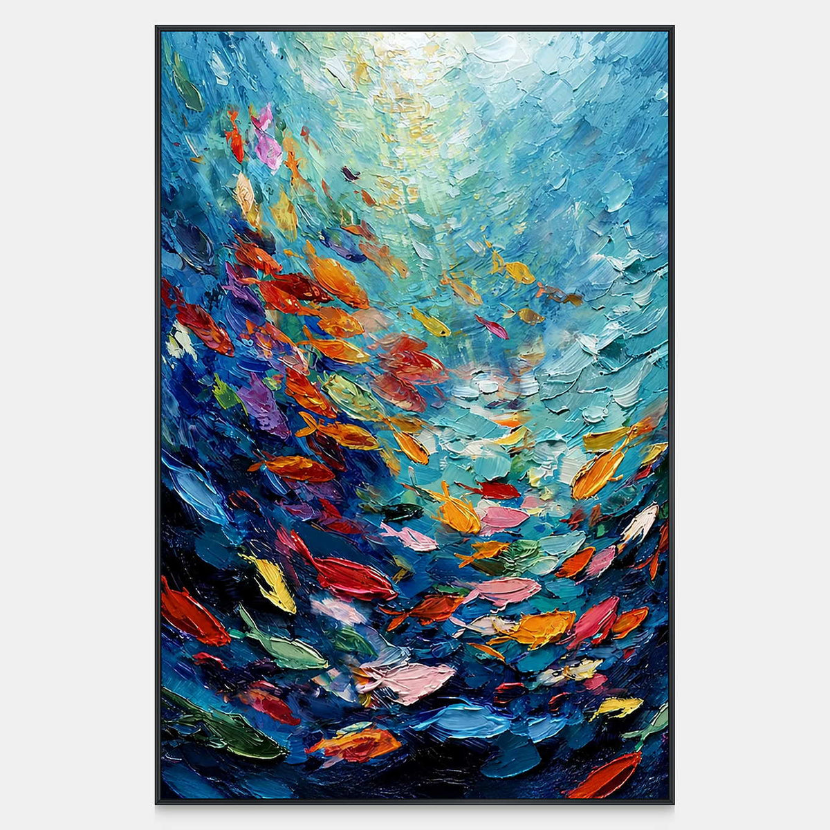 Colorful fish move through thick turquoise and deep blue strokes toward a lighter upper area.