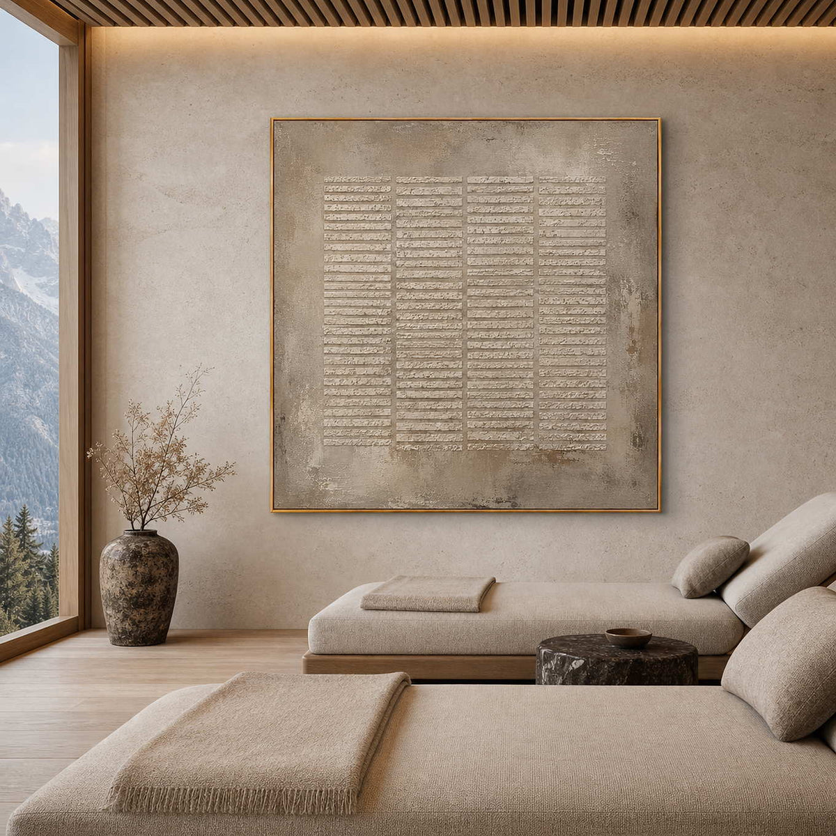 Wabi Sabi Wall Art displayed above a calm modern bedroom.