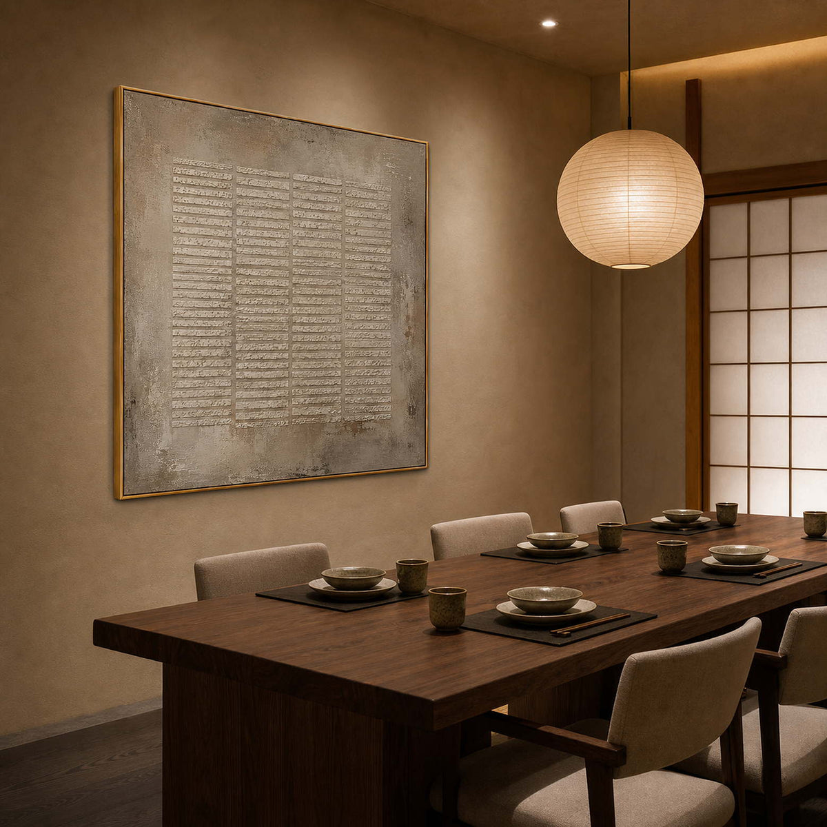 Wabi Sabi Wall Art styled in an elegant modern dining room.