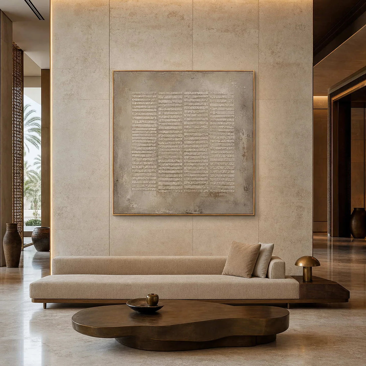 A textured painting lending quiet presence to a thoughtfully composed living room
