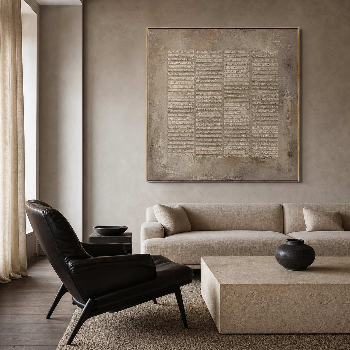 Wabi Sabi Wall Art styled above a contemporary living room sofa.