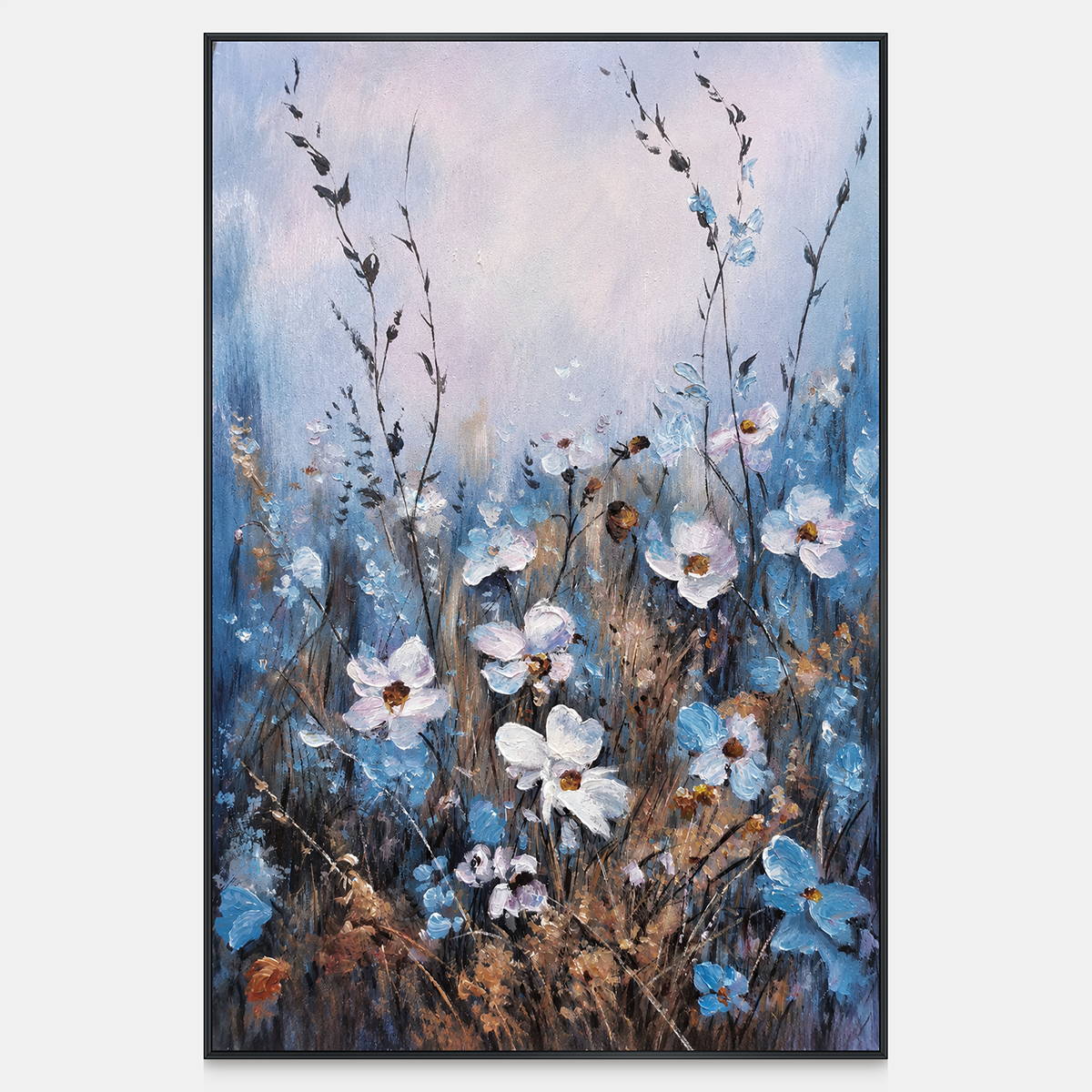 Front view of white and blue wildflowers on slender stems beneath a broad pale upper area, with a black frame.