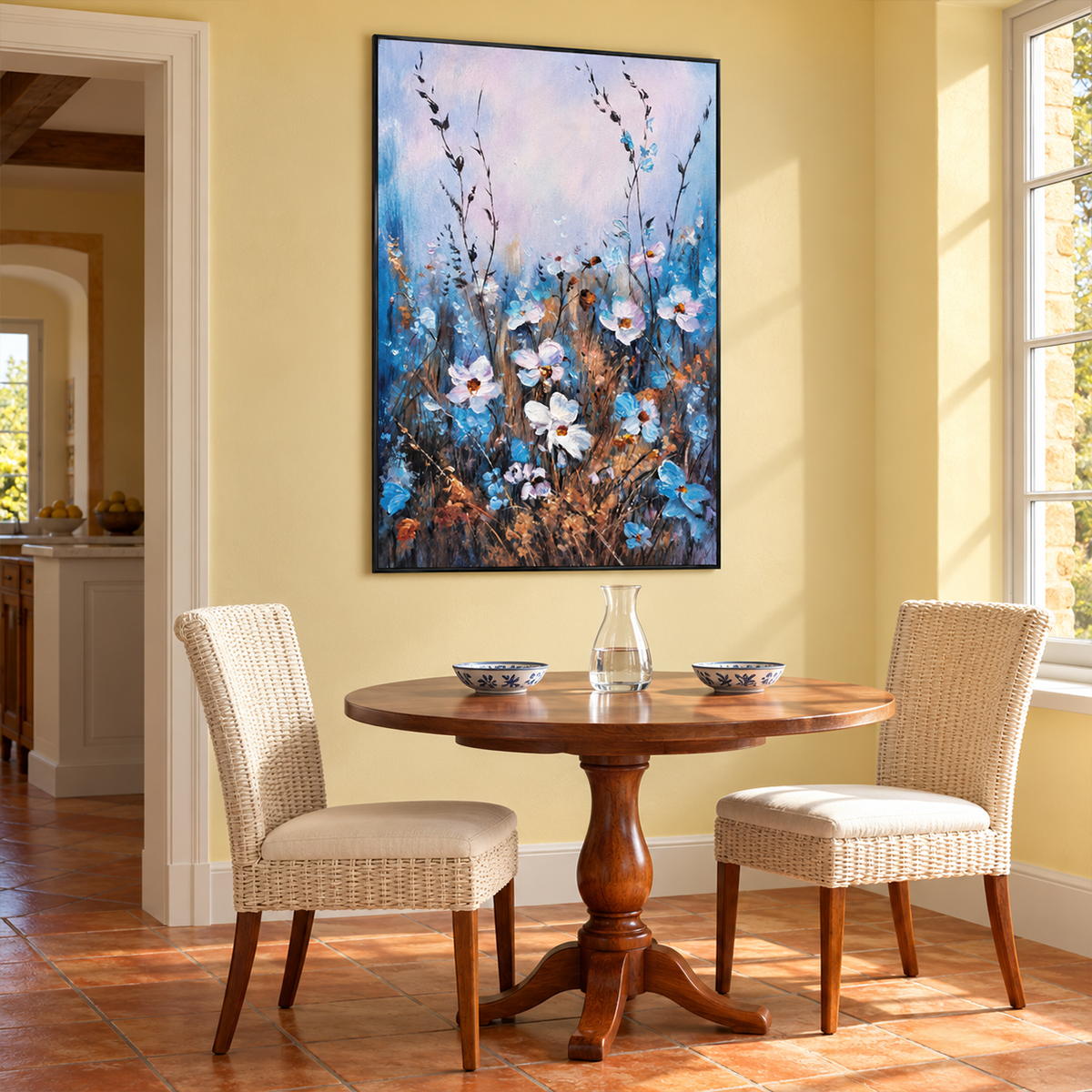 White and blue wildflowers on slender stems beneath a broad pale upper area in an artwork with a black frame, displayed in a dining area beside the table.
