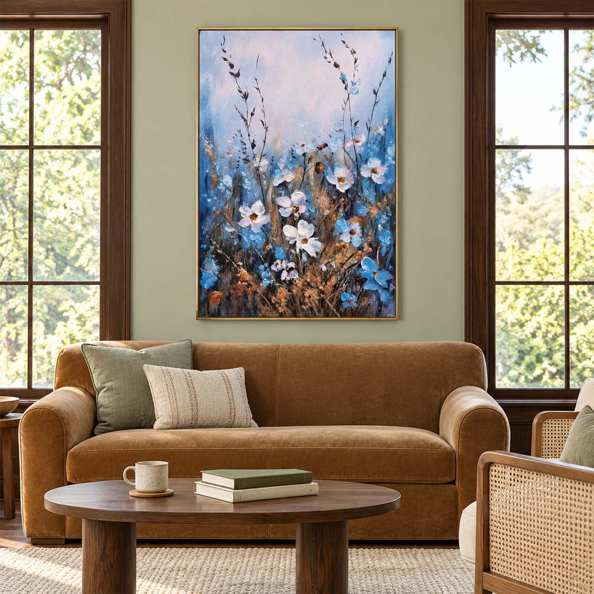 Artwork showing white and blue wildflowers on slender stems beneath a broad pale upper area in a living room above seating, with a gold-colored frame.