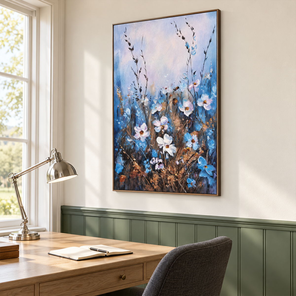 White and blue wildflowers on slender stems beneath a broad pale upper area in an artwork with a brown wood-look frame, displayed in a study with a desk.
