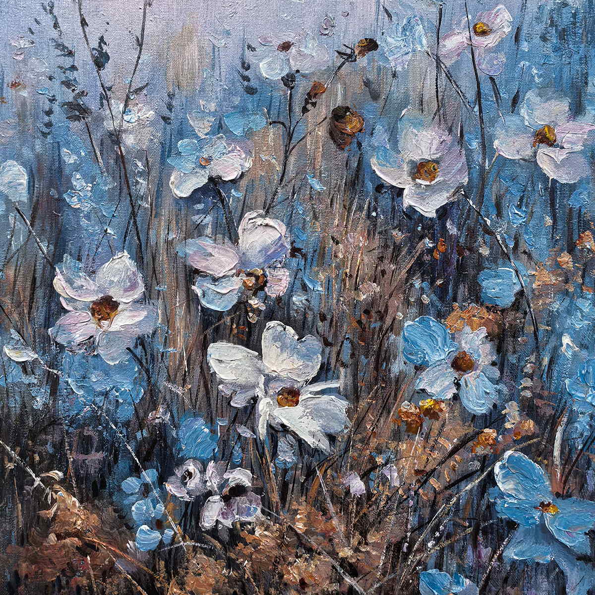 Close-up of white and blue petals on thin dark stems among warm brown marks.