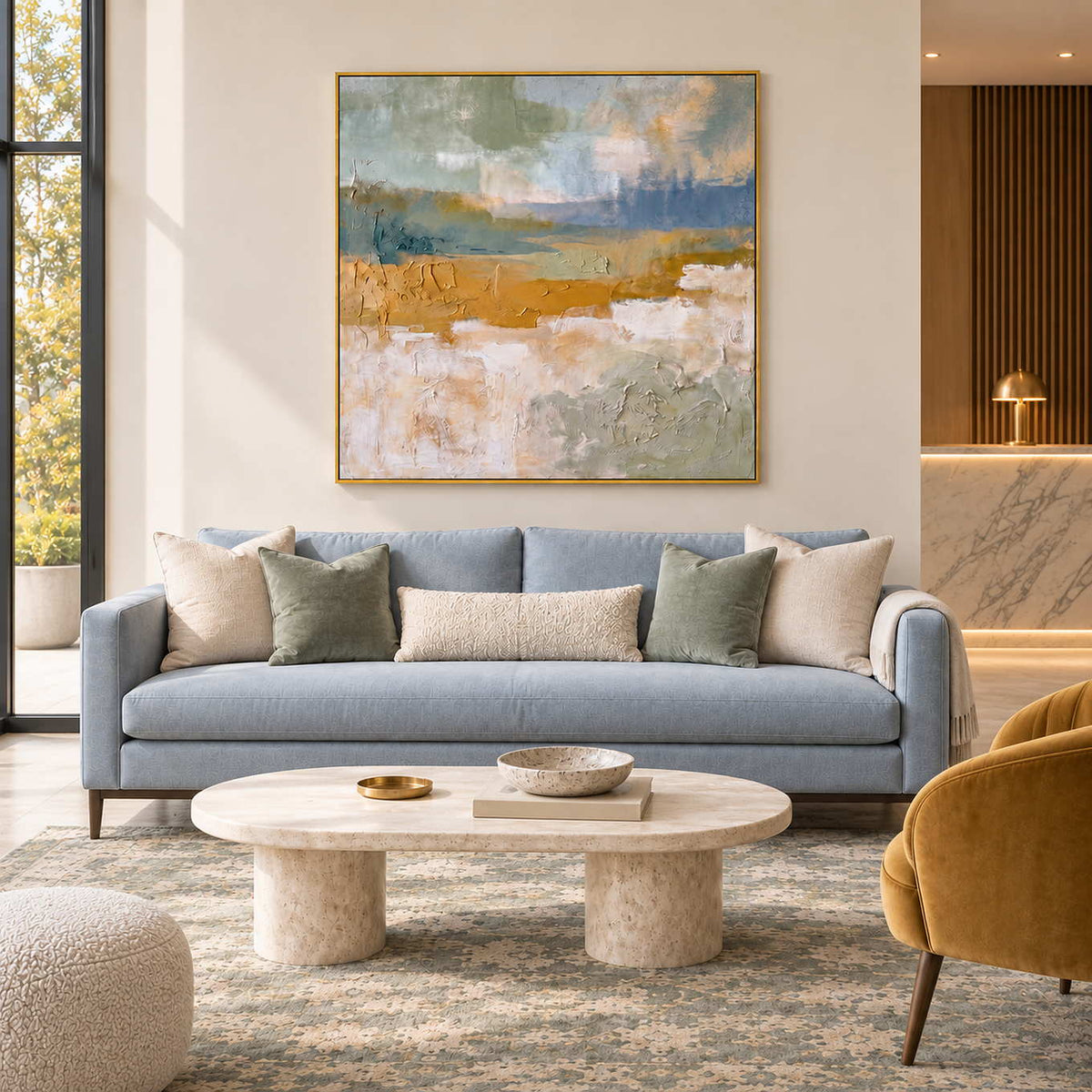 Meeting the Open Country in a gold frame above a blue sofa and oval stone table near a lobby reception desk.