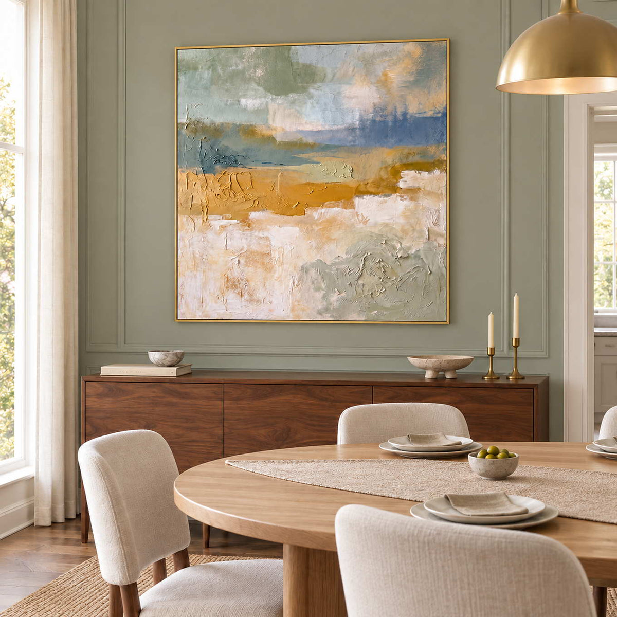 Meeting the Open Country in a gold frame above a dark wood sideboard beside a round dining table against sage paneling.