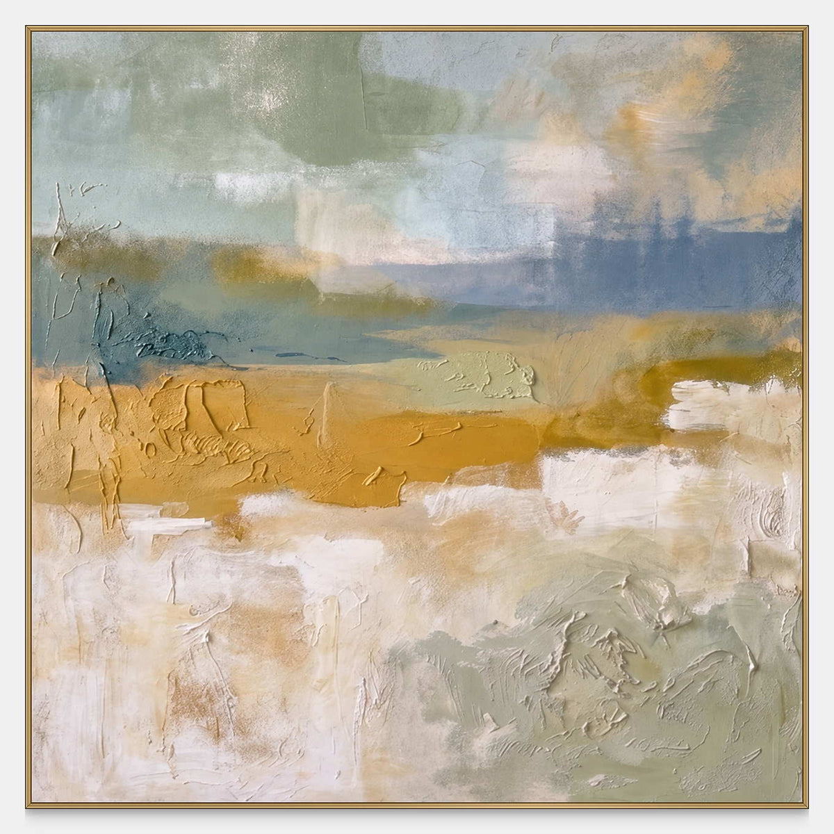 Front view of Meeting the Open Country, with blue-gray and sage layers above ochre, cream and pale green horizon-like passages.