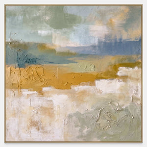 Front view of Meeting the Open Country, with blue-gray and sage layers above ochre, cream and pale green horizon-like passages.