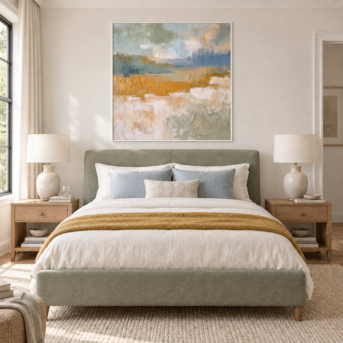 Meeting the Open Country in a white frame above a sage bed with cream bedding, pale blue cushions and a mustard throw.