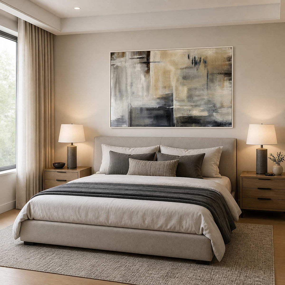White framed beige and gray abstraction above an upholstered bed with charcoal accents.