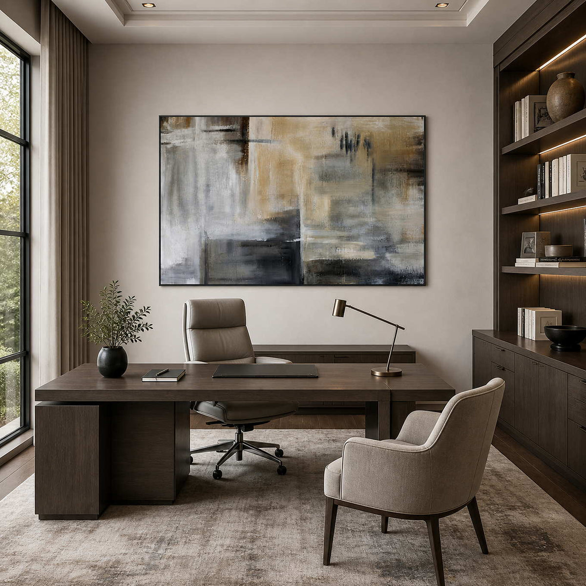 Black framed neutral abstract painting behind a broad office desk with dark shelving.