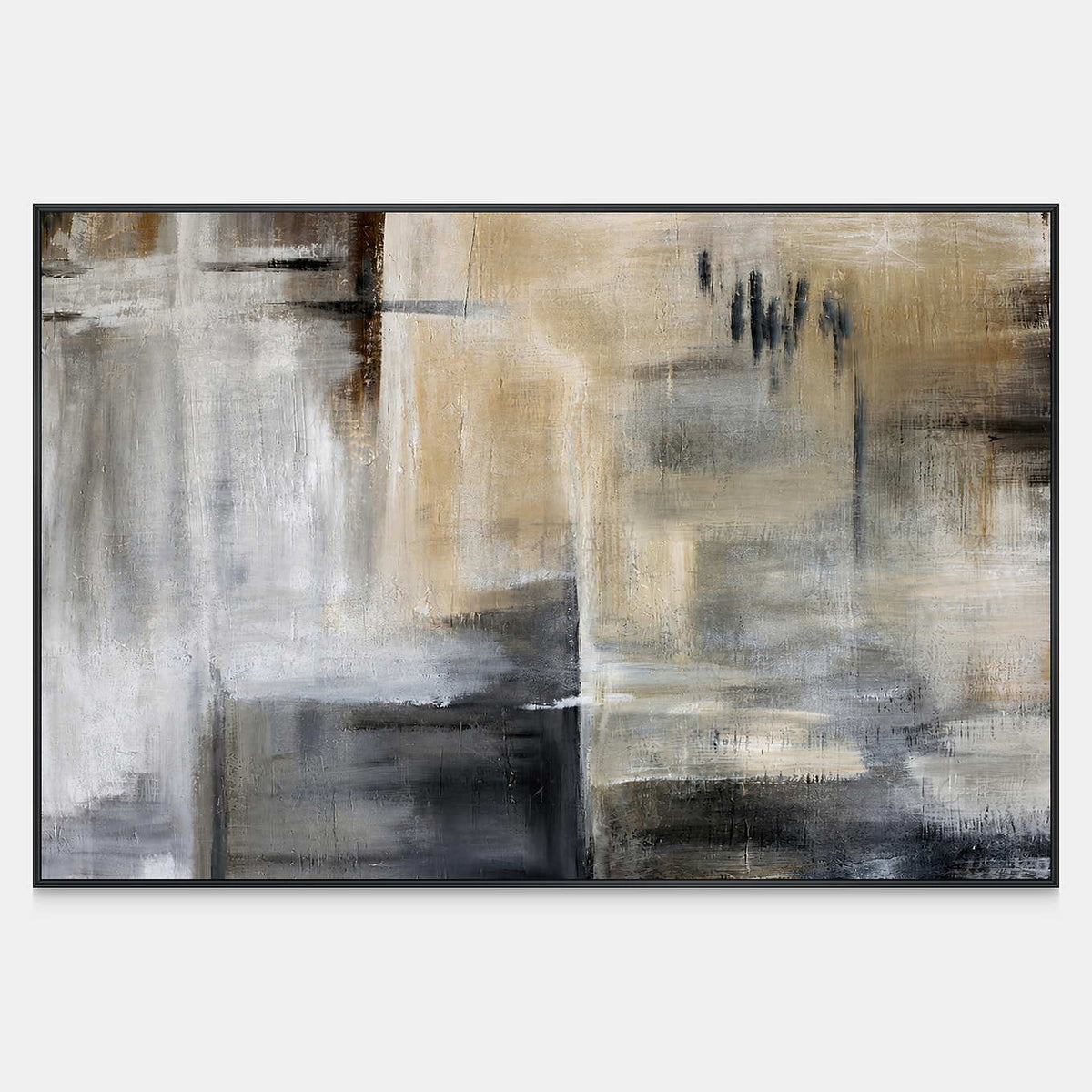 Sandy beige and pale gray washes cross blurred charcoal marks in a horizontal composition.