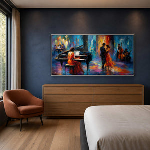 Textured nightclub wall art styled in a calm modern bedroom.