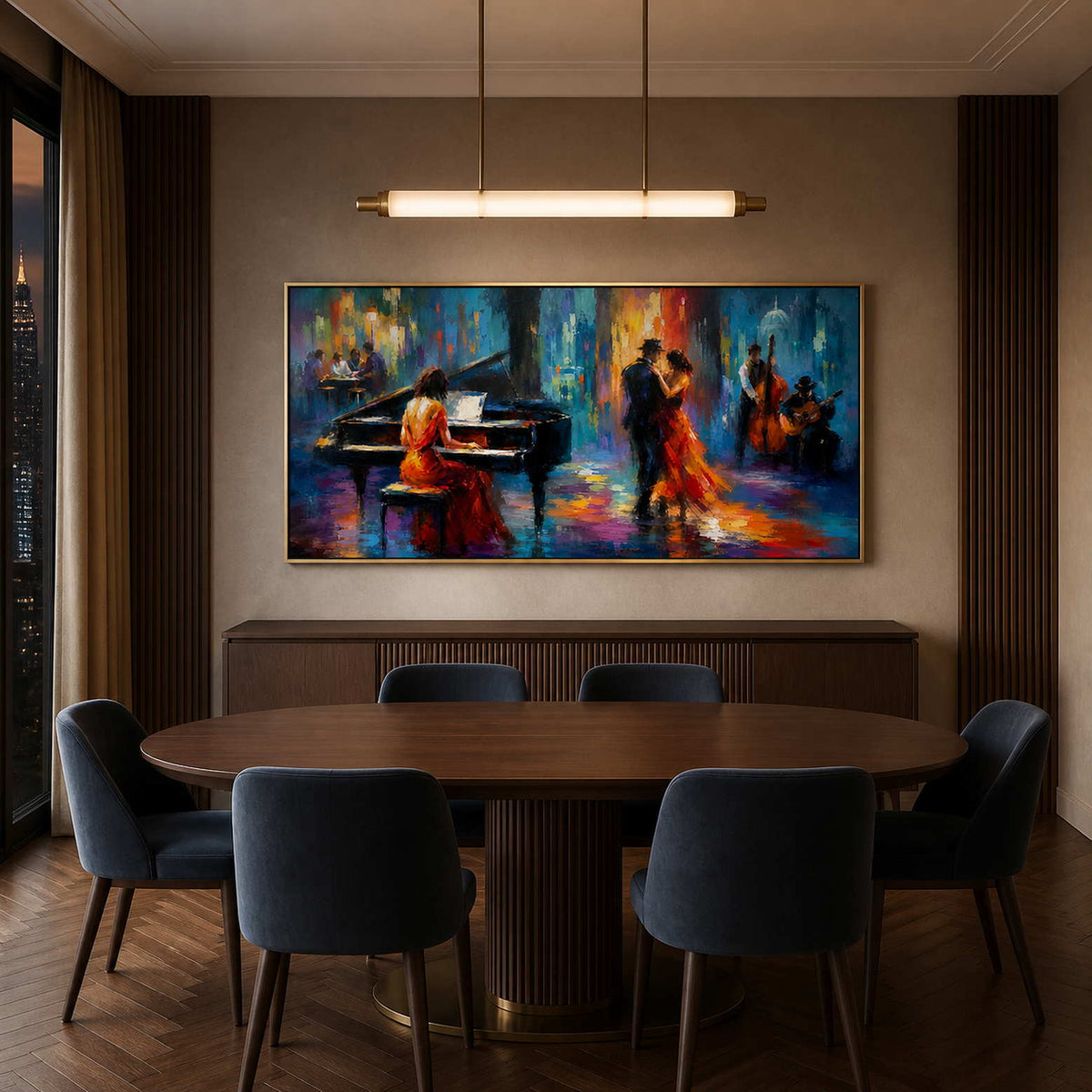 Textured jazz wall art in a sophisticated nighttime dining room.