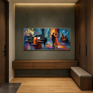 Colorful jazz scene displayed in a warmly lit residential entryway.