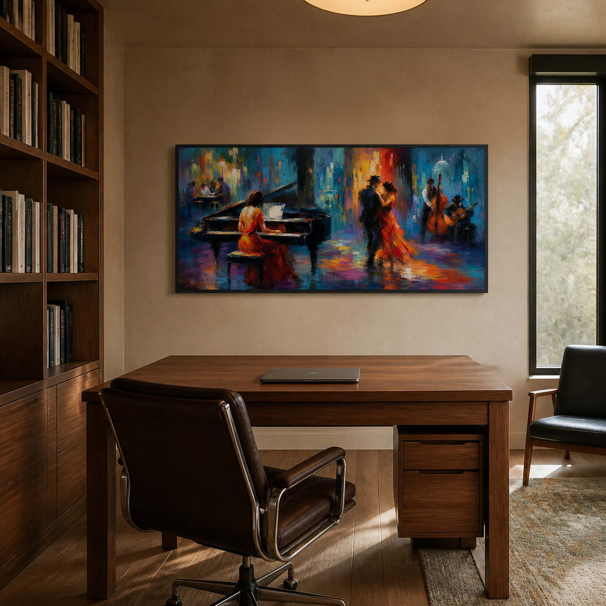 Vibrant jazz artwork brings warmth to a wood home office.