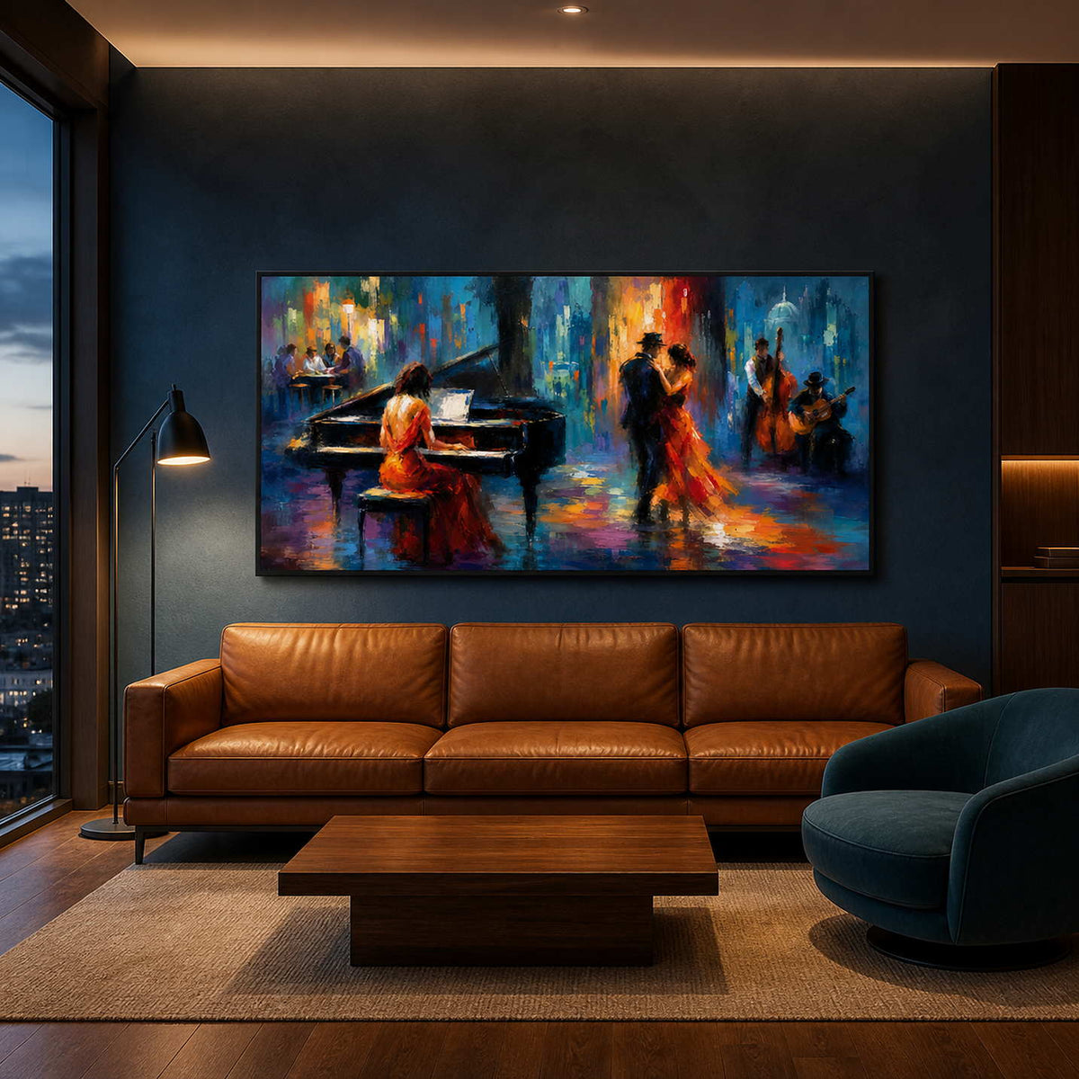 Colorful jazz wall art above a leather sofa in a dark living room.