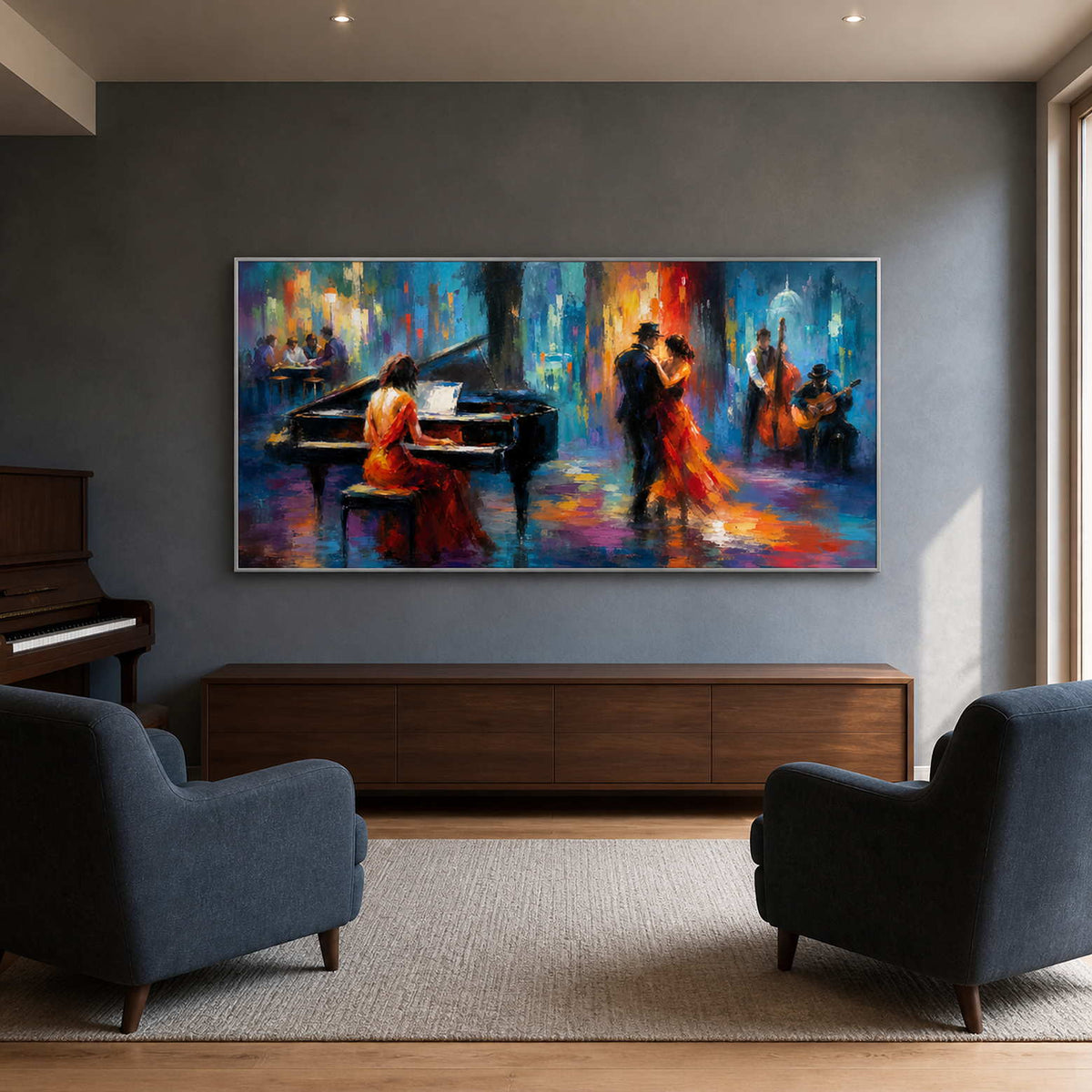 Panoramic jazz painting displayed in a bright family music lounge.