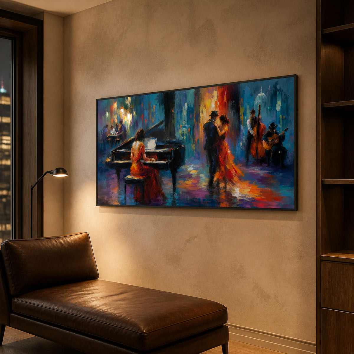 Panoramic jazz painting viewed from a cozy living room reading corner.