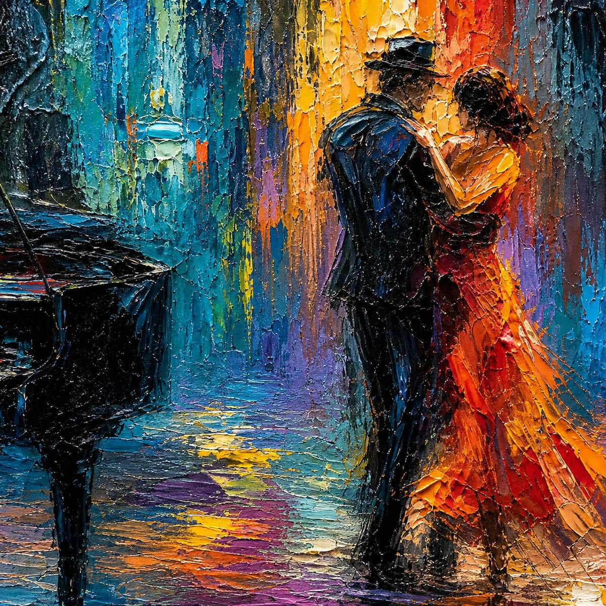 Close-up of layered palette-knife texture across the dancing couple.