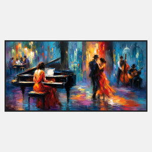 Hand-painted jazz scene with pianist, dancing couple, and musicians.