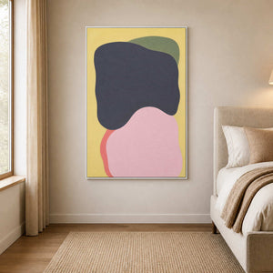 Soft minimalist abstract wall art beside a calm neutral bedroom.