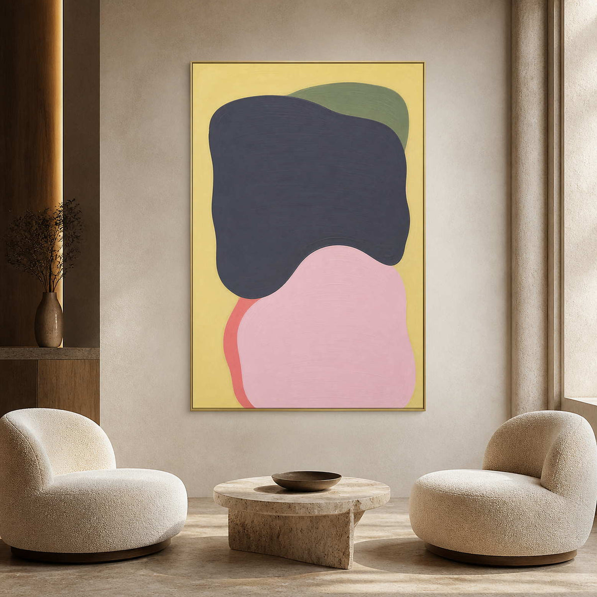 Minimalist color-field canvas in a warm modern gallery lounge.