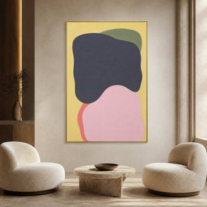 Minimalist color-field canvas in a warm modern gallery lounge.