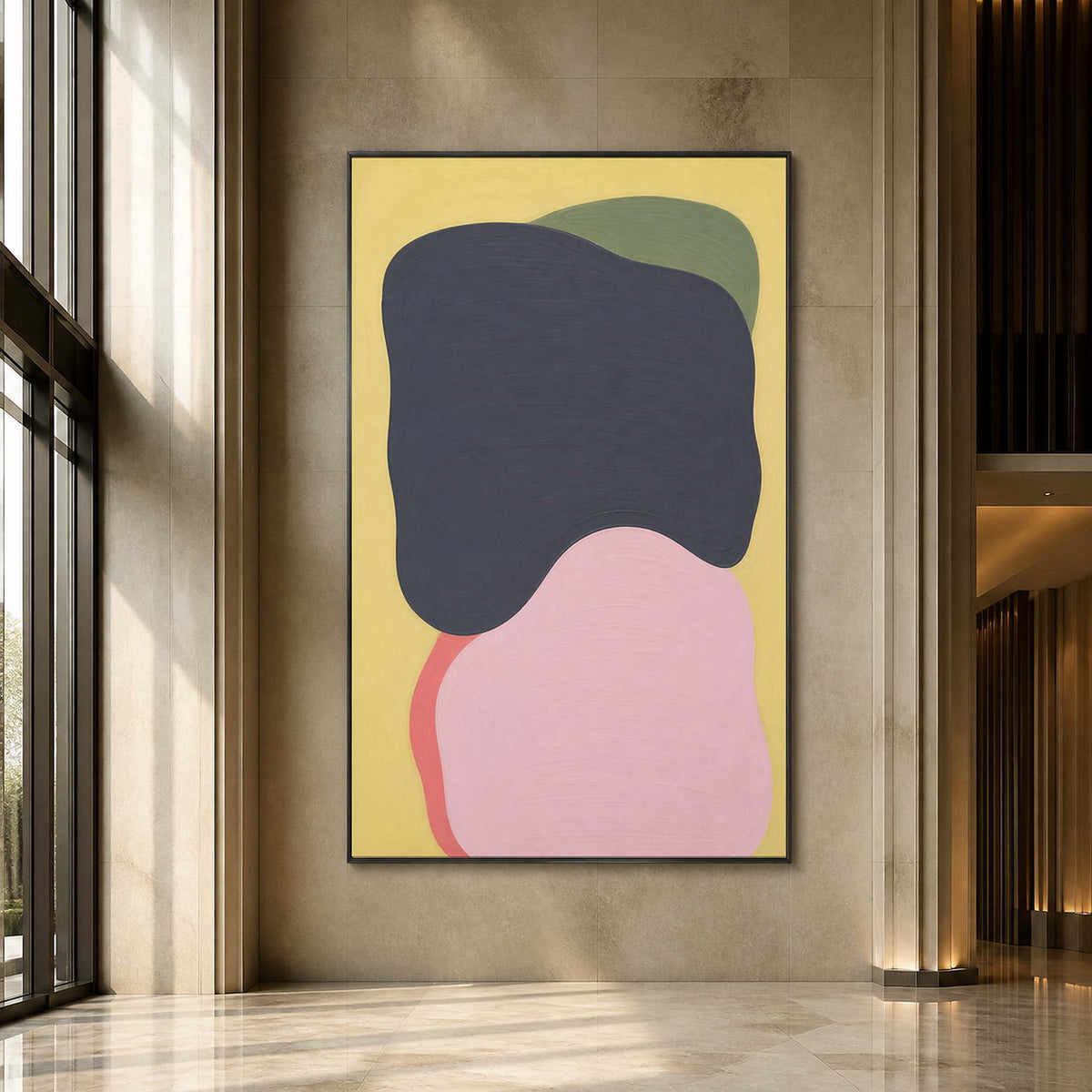 Minimalist organic color-field painting displayed in a contemporary hotel lobby.