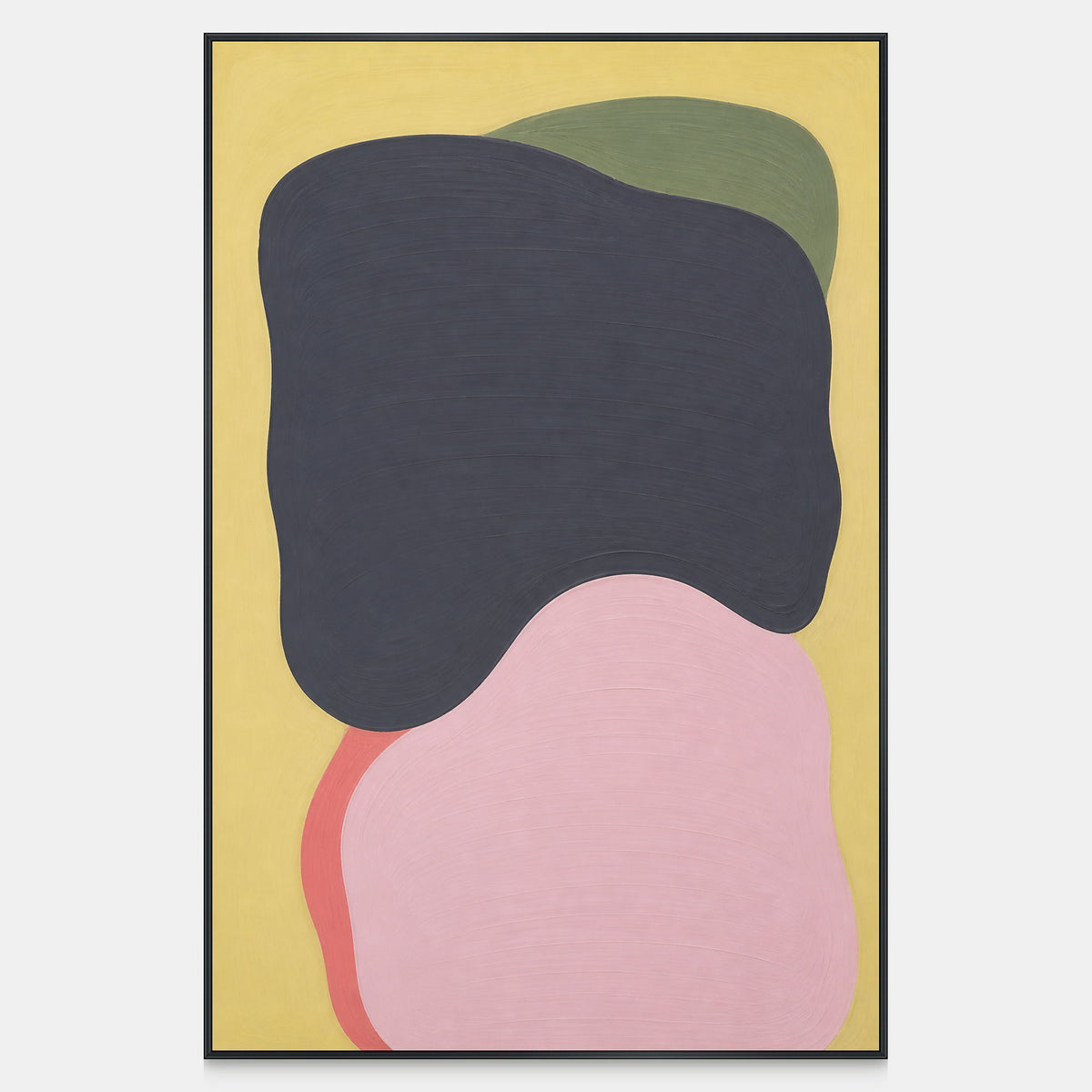 Hand-painted vertical abstract canvas with charcoal, blush, olive, coral, and yellow forms.