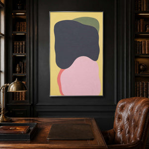 Vertical modern abstract painting brings balanced color to a dark office.