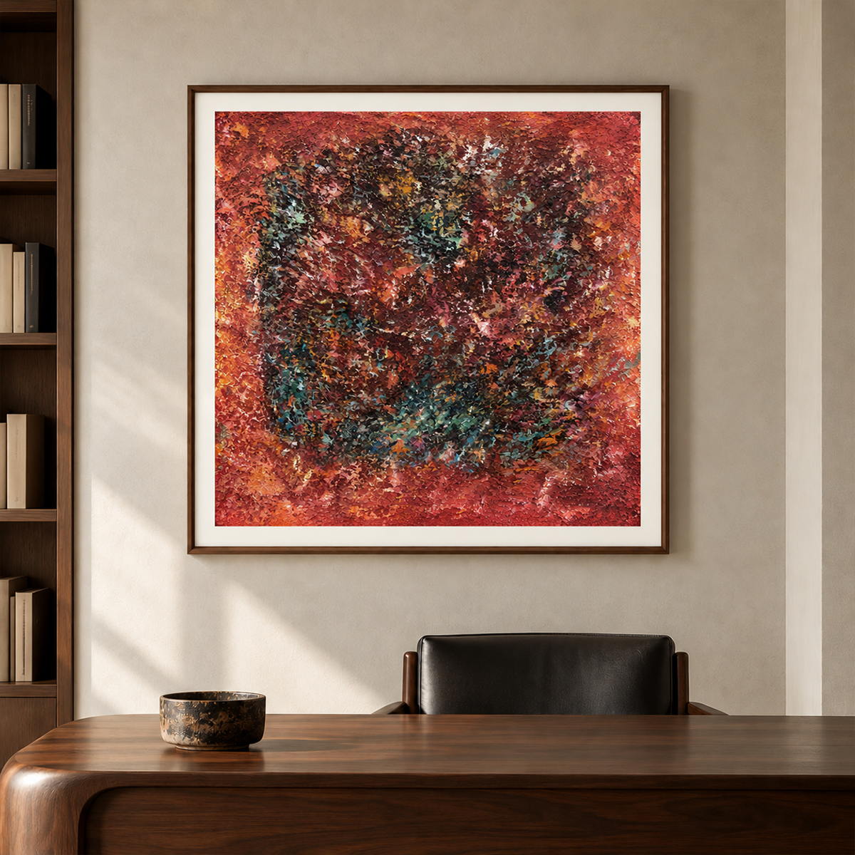 Artwork showing a dark textured ring surrounded by rust red and orange with scattered turquoise flecks in a study with a desk, with a brown wood-look frame.