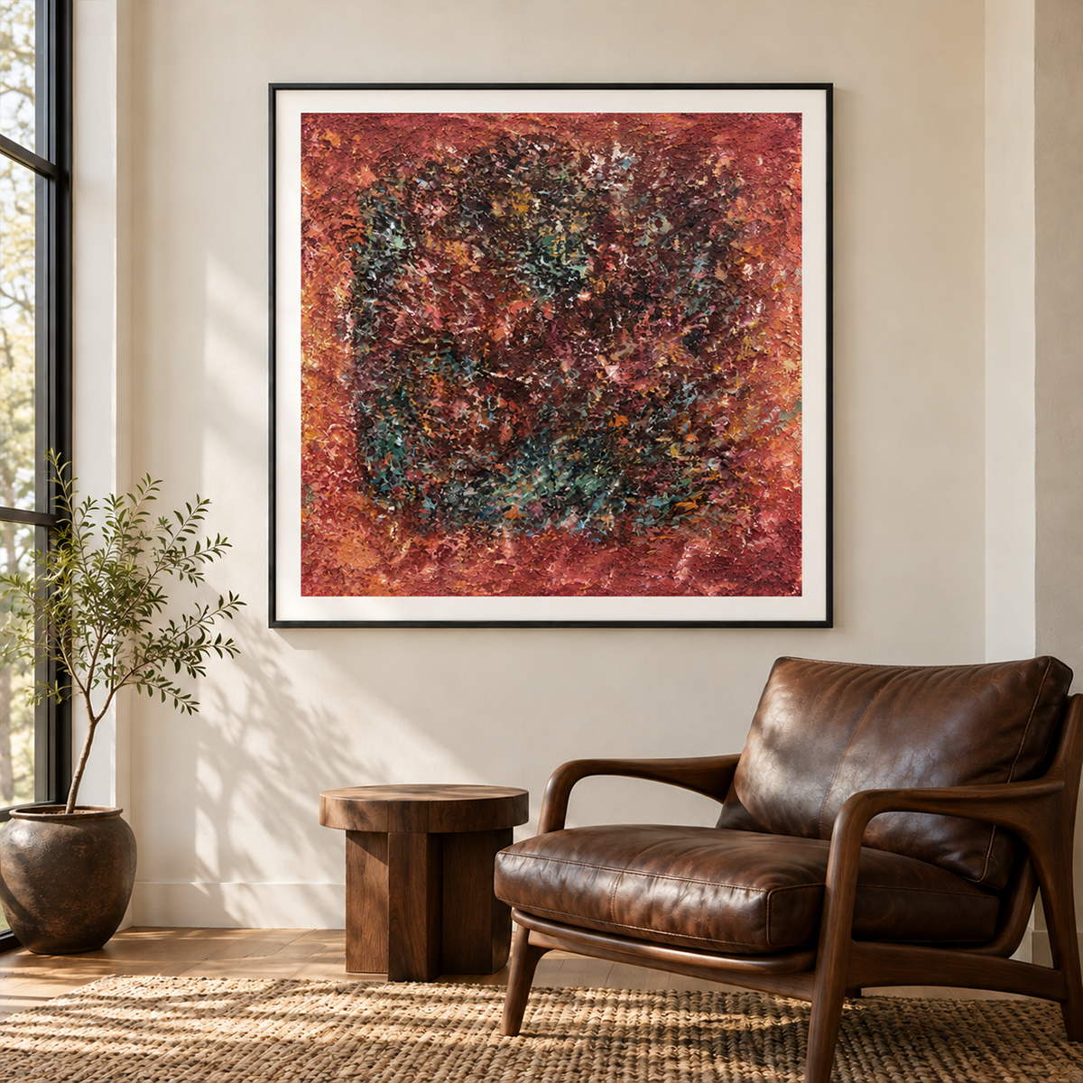 Beside a reading chair, an artwork with a black frame shows a dark textured ring surrounded by rust red and orange with scattered turquoise flecks.