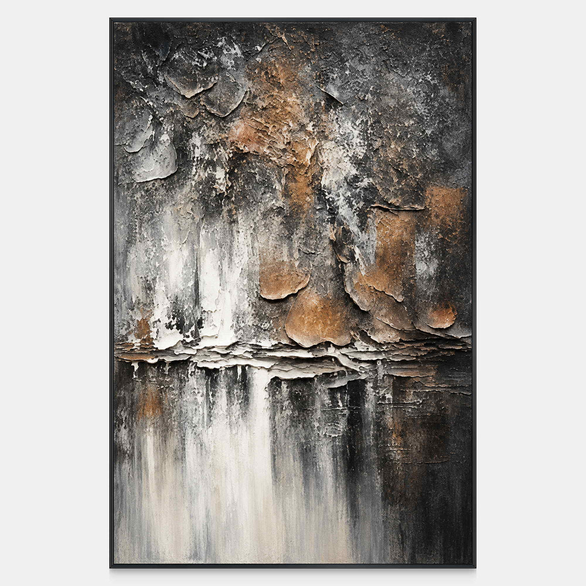 Front view of dark gray and brown flaking forms above horizontal strata and pale vertical streaks, with a black frame.