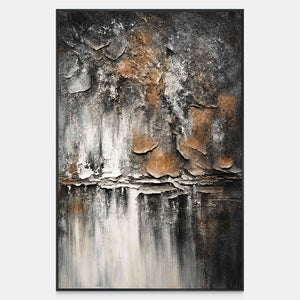 Front view of dark gray and brown flaking forms above horizontal strata and pale vertical streaks, with a black frame.