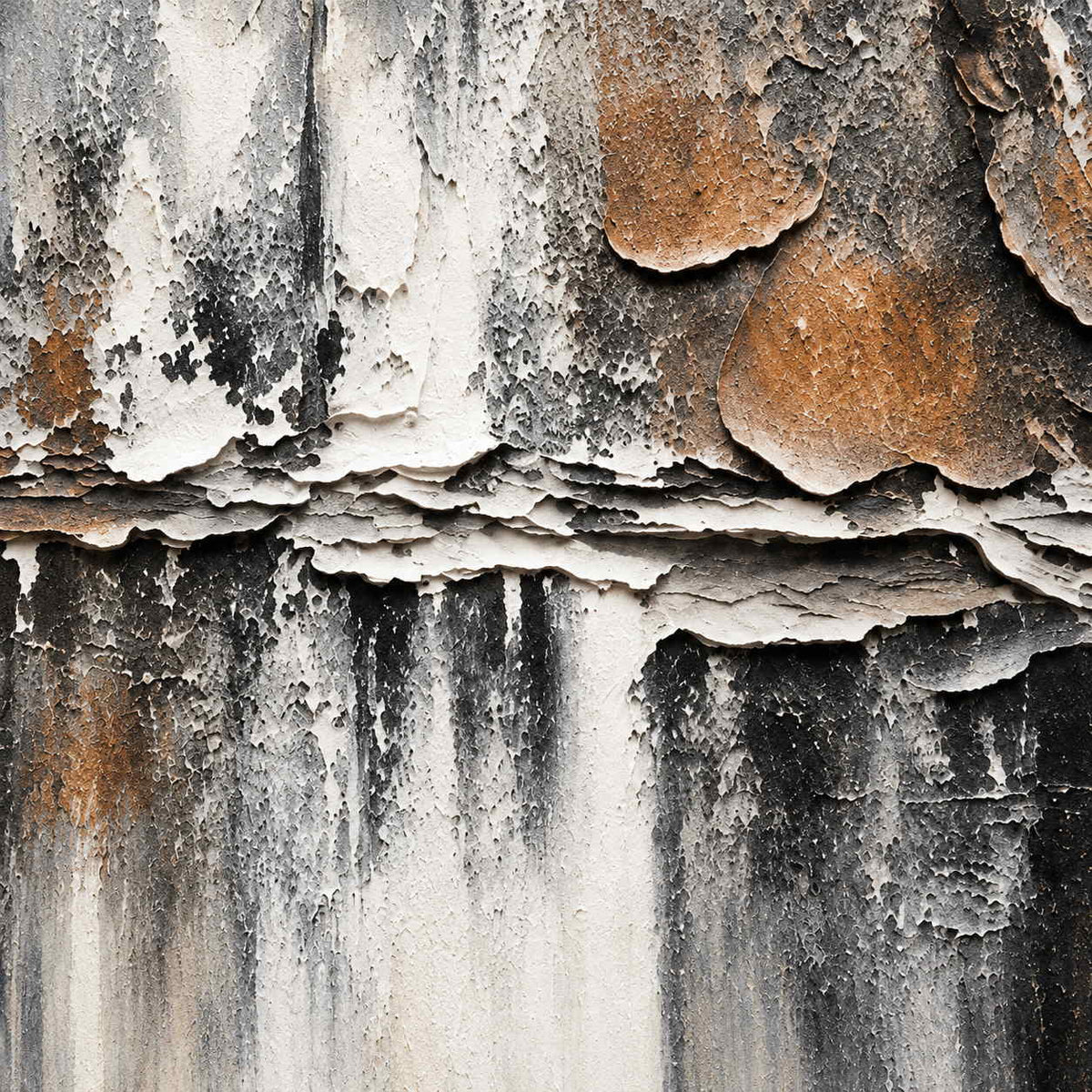 Close-up of overlapping dark and brown flakes, a jagged pale horizontal seam and vertical white streaks.