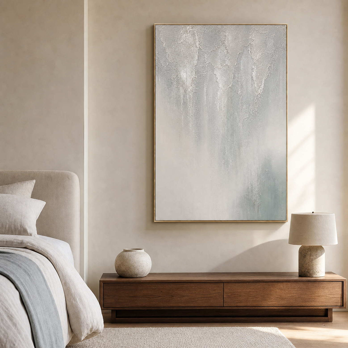 Textured Abstract Wall Art displayed in a refined bedroom.