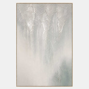 Hand-painted textured abstract wall art with white, neutral, and blue tones.
