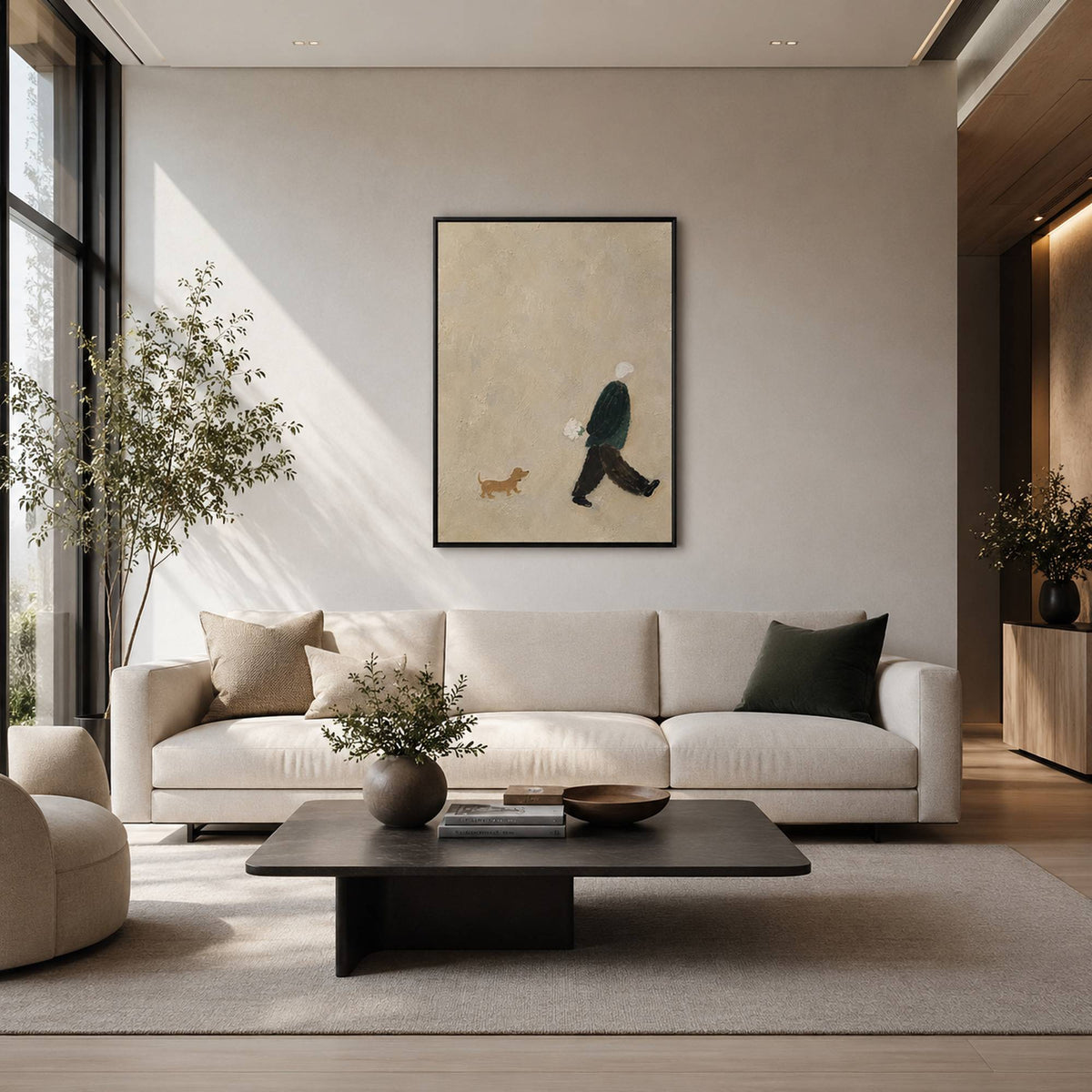 Warm minimalist figurative wall art styled in a living room.