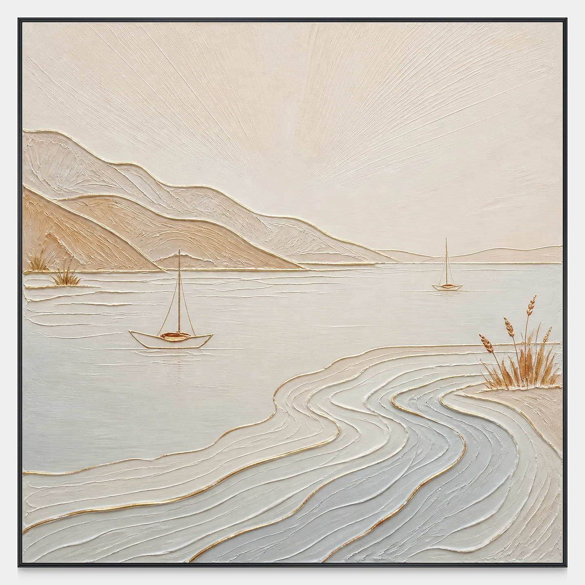 Square coastal canvas with small sailboats, pale blue water, and sandy hills.