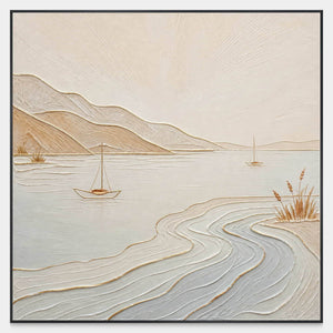 Square coastal canvas with small sailboats, pale blue water, and sandy hills.